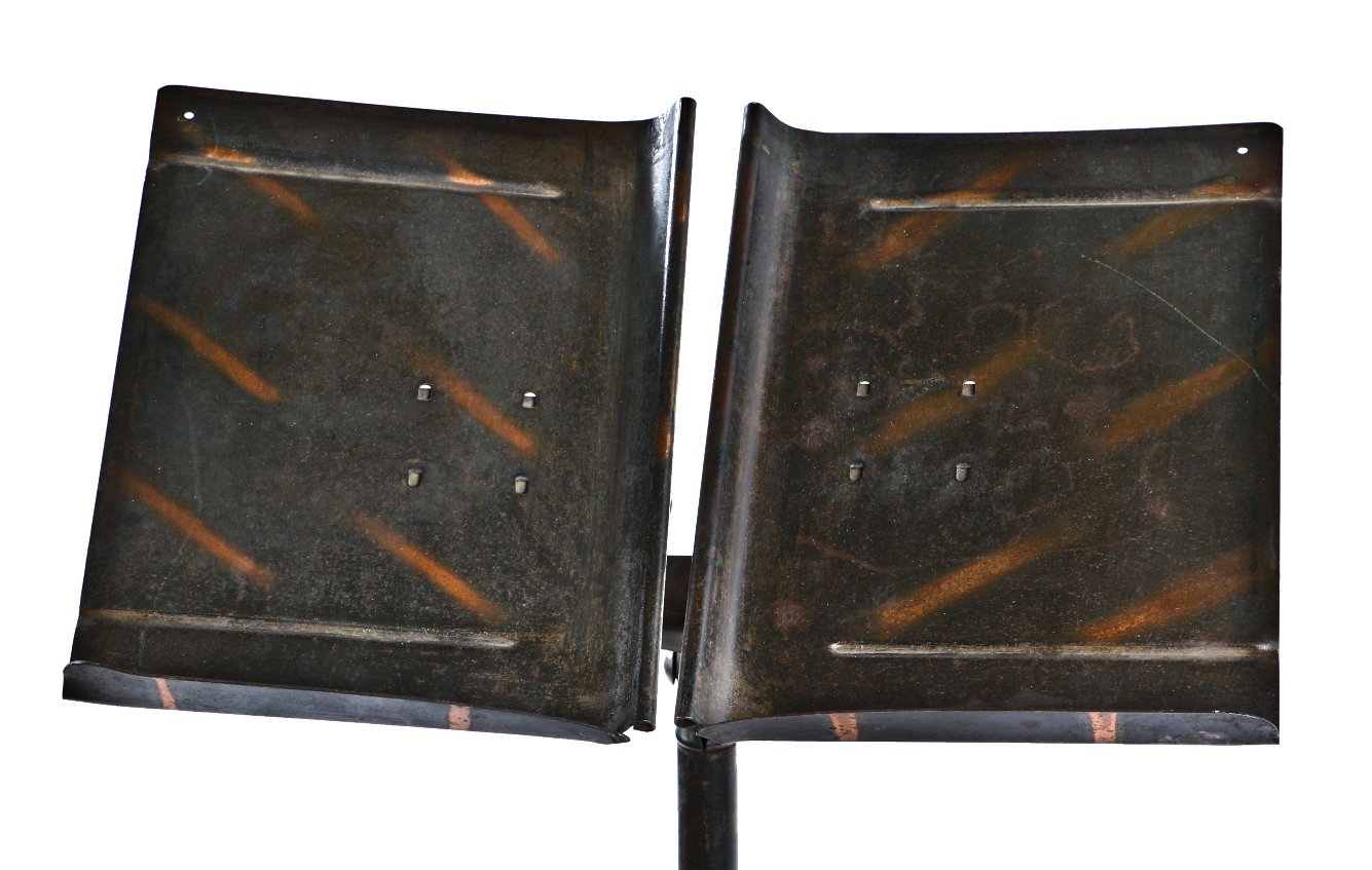 original c. early 20th century american industrial antique "dann's all-steel" mobile three-legged dictionary stand with original oxidized copper finish