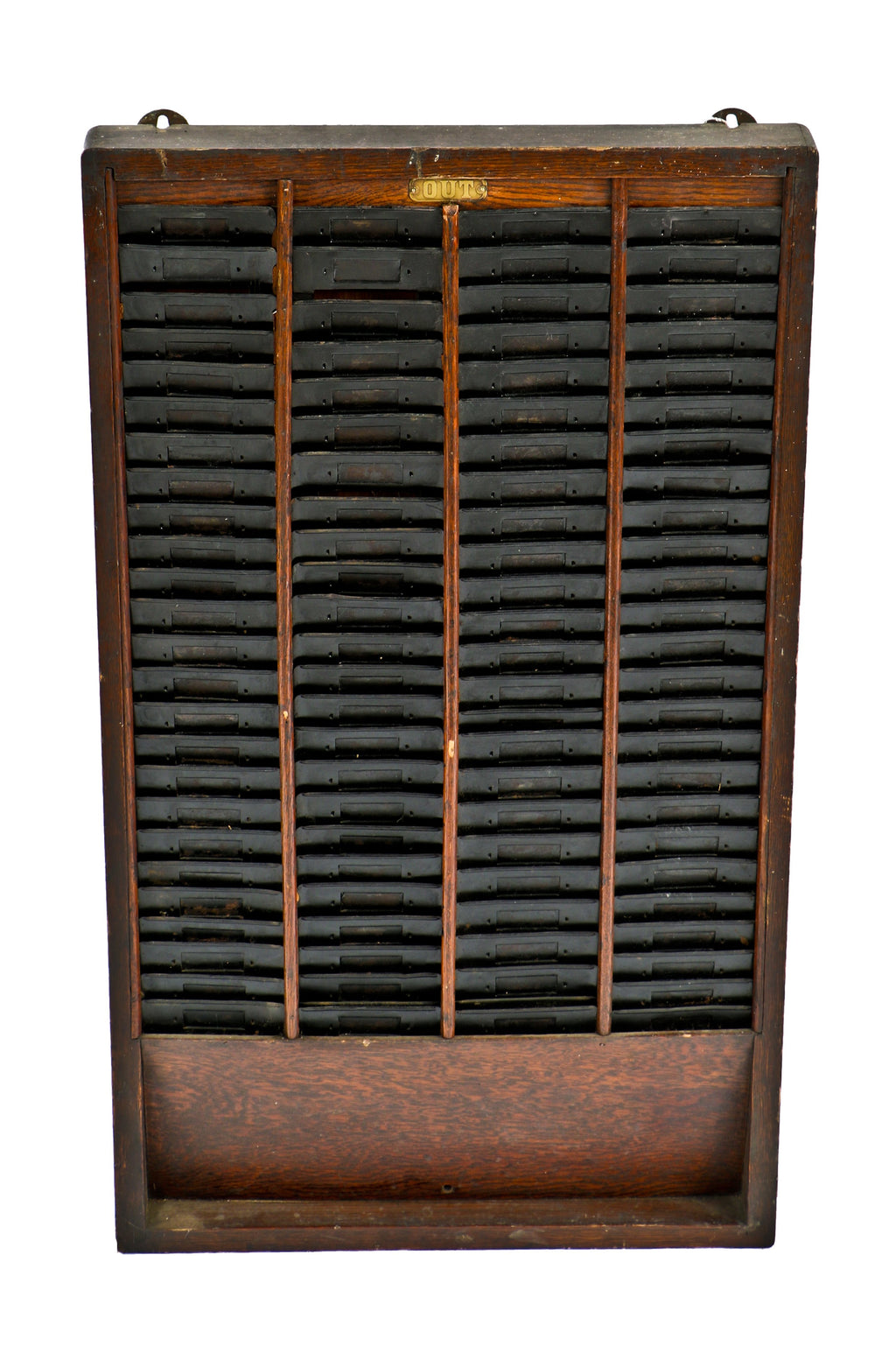 one of two virtually identical early 20th century antique american varnished oak wood wall-mount factory "out" heavily compartmentalized time card rack