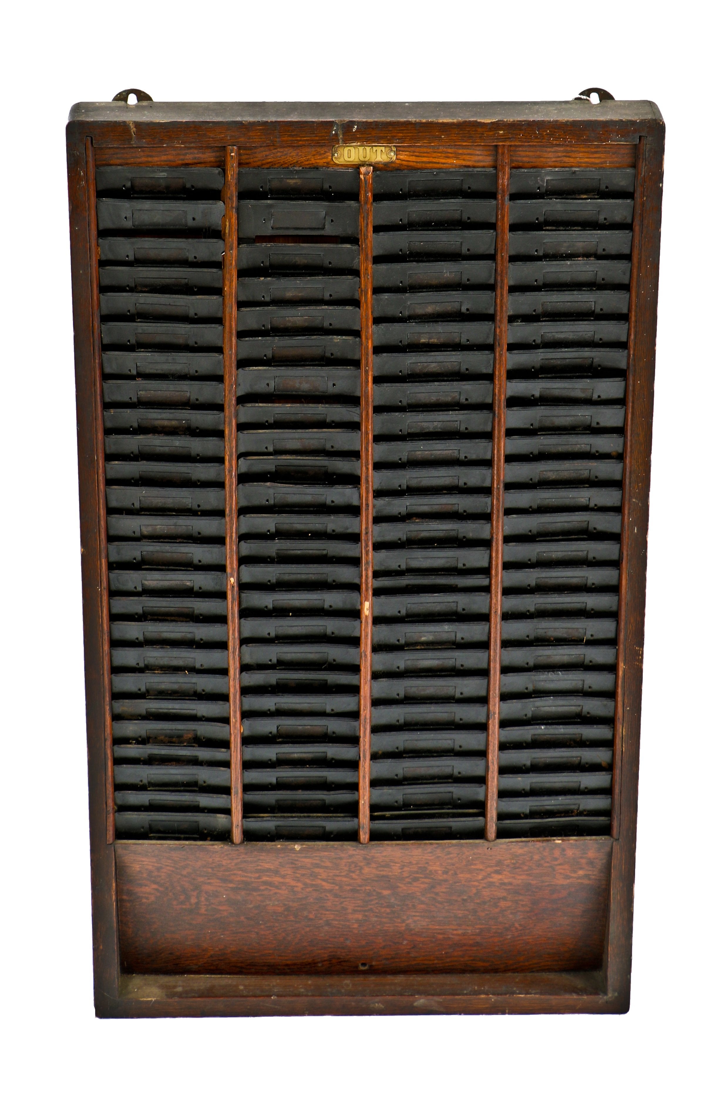 one of two virtually identical early 20th century antique american varnished oak wood wall-mount factory "out" heavily compartmentalized time card rack