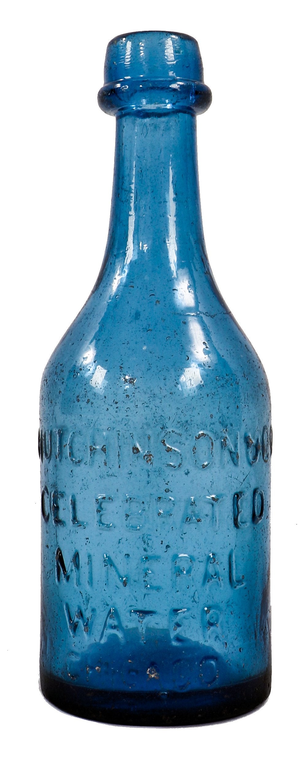 rare early 1850's antebellum period cobalt blue glass privy dug chicago iron-pontiled "celebrated mineral water" soda bottle with long neck and single ring applied lip