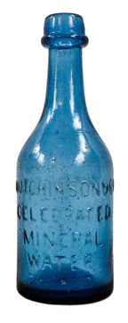 rare early 1850's antebellum period cobalt blue glass privy dug chicago iron-pontiled "celebrated mineral water" soda bottle with long neck and single ring applied lip