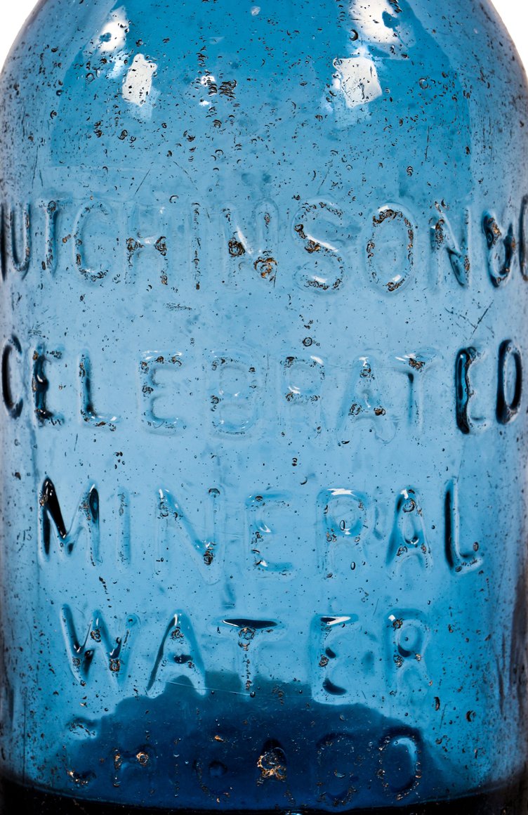 rare early 1850's antebellum period cobalt blue glass privy dug chicago iron-pontiled "celebrated mineral water" soda bottle with long neck and single ring applied lip