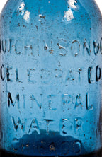 rare early 1850's antebellum period cobalt blue glass privy dug chicago iron-pontiled "celebrated mineral water" soda bottle with long neck and single ring applied lip