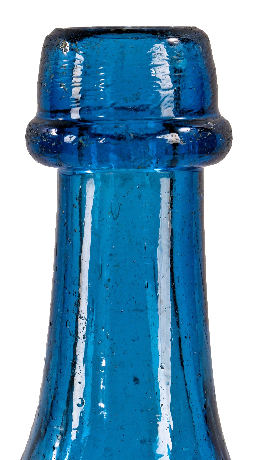 rare early 1850's antebellum period cobalt blue glass privy dug chicago iron-pontiled "celebrated mineral water" soda bottle with long neck and single ring applied lip