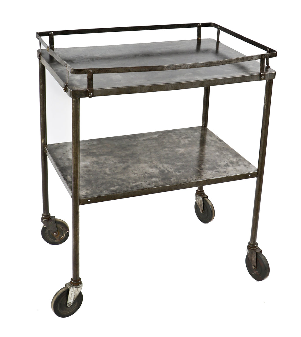 c. 1920's antique american medical oversized two-tier mobile pressed and folded steel cook county hospital operating room supply cart with bassick wheels