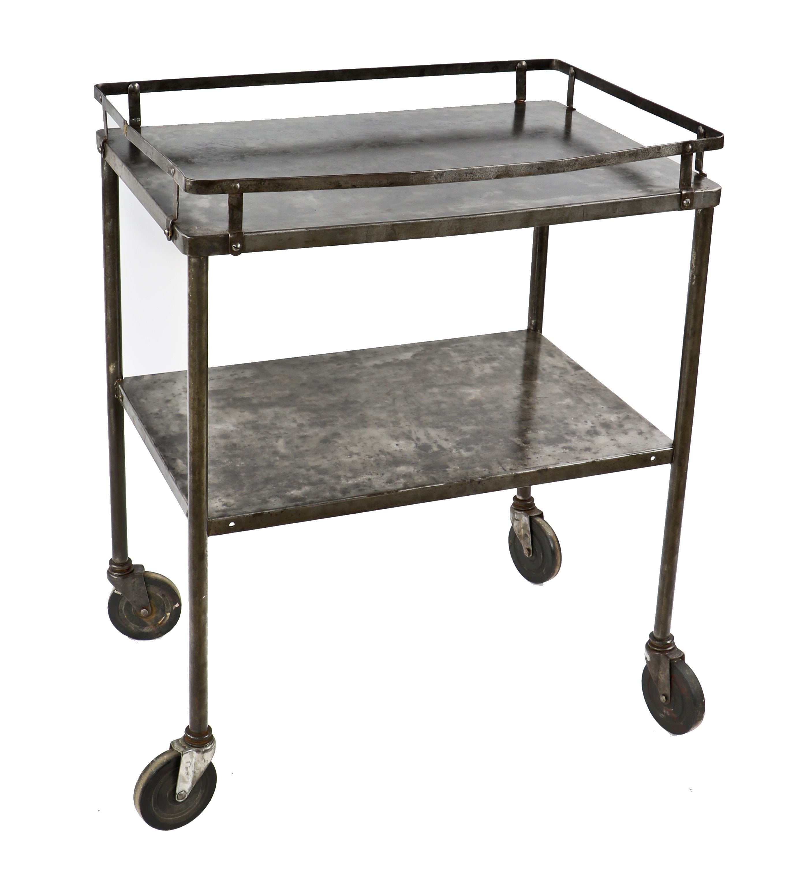 c. 1920's antique american medical oversized two-tier mobile pressed and folded steel cook county hospital operating room supply cart with bassick wheels