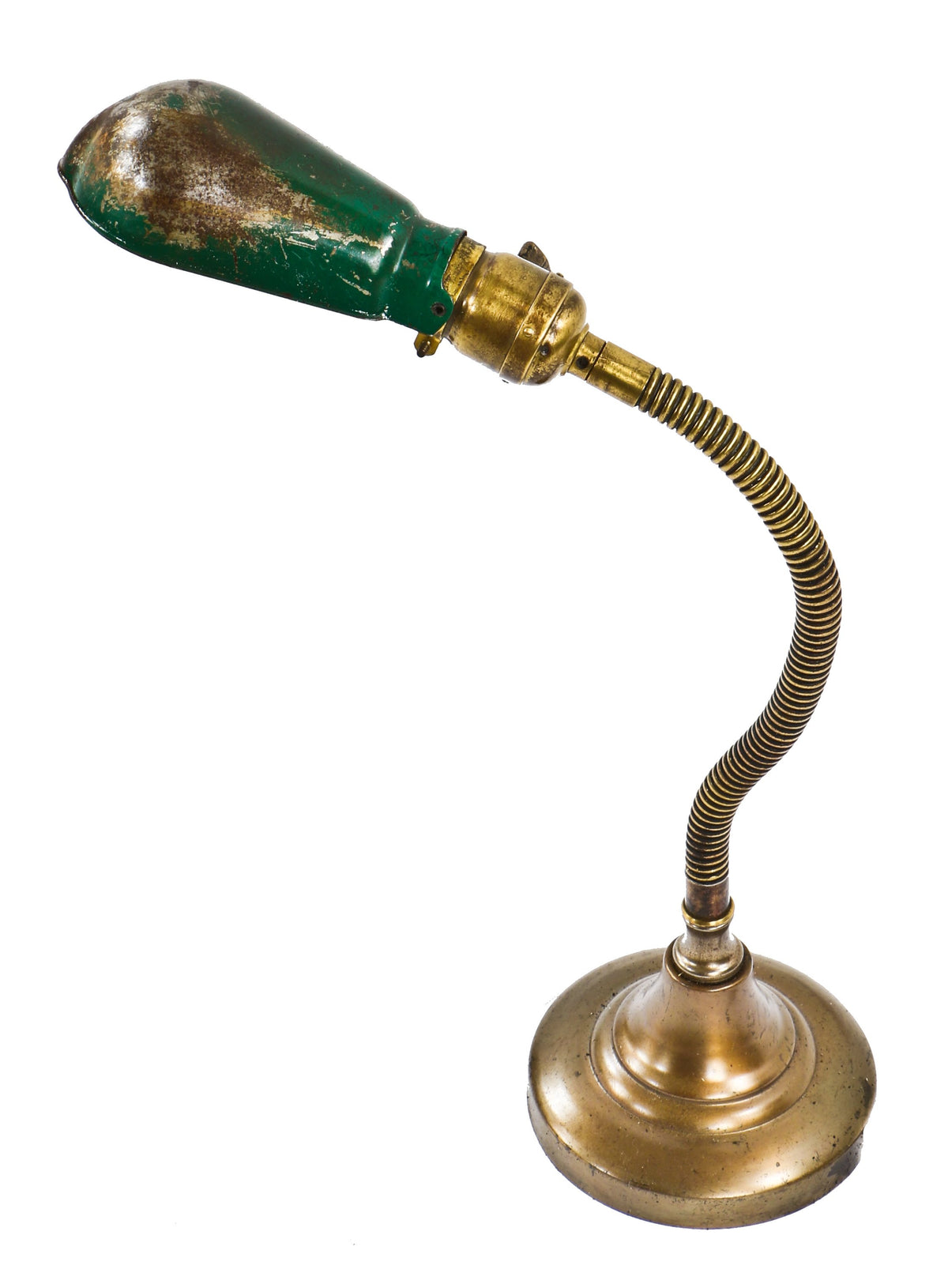 original fully functional rewired early 1920's antique american industrial faries brass gooseneck adjustable table lamp with patented pivoting slim helmet shade