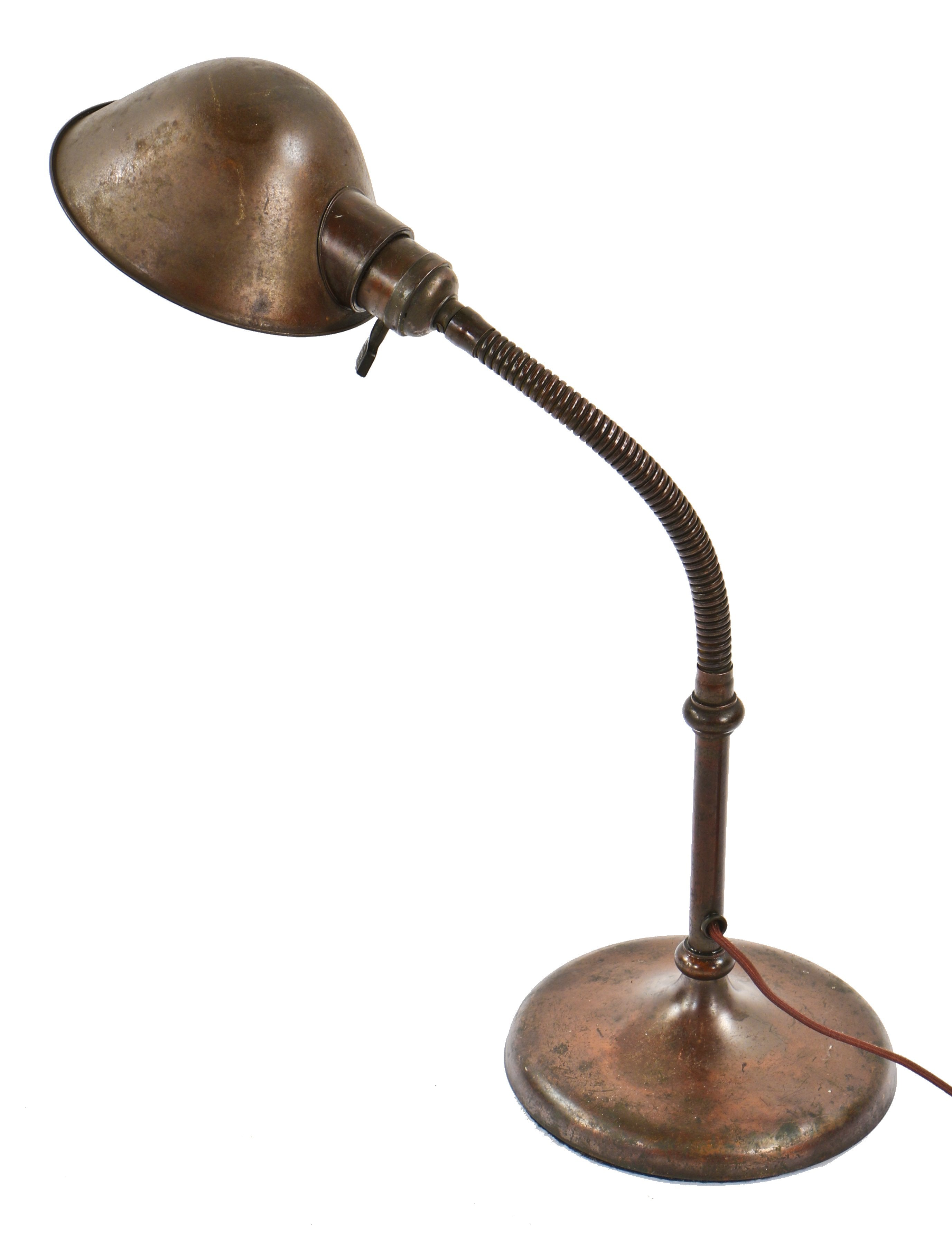all original antique american nicely patinated fully adjustable bronze-plated chicago city hall office desk faries lamp with rolled rim parabolic shade or reflector
