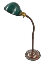 rewired c. 1915-1920 single antique american industrial fully adjustable bronze plated yellow brass faries gooseneck table lamp with green enameled hubbell shade