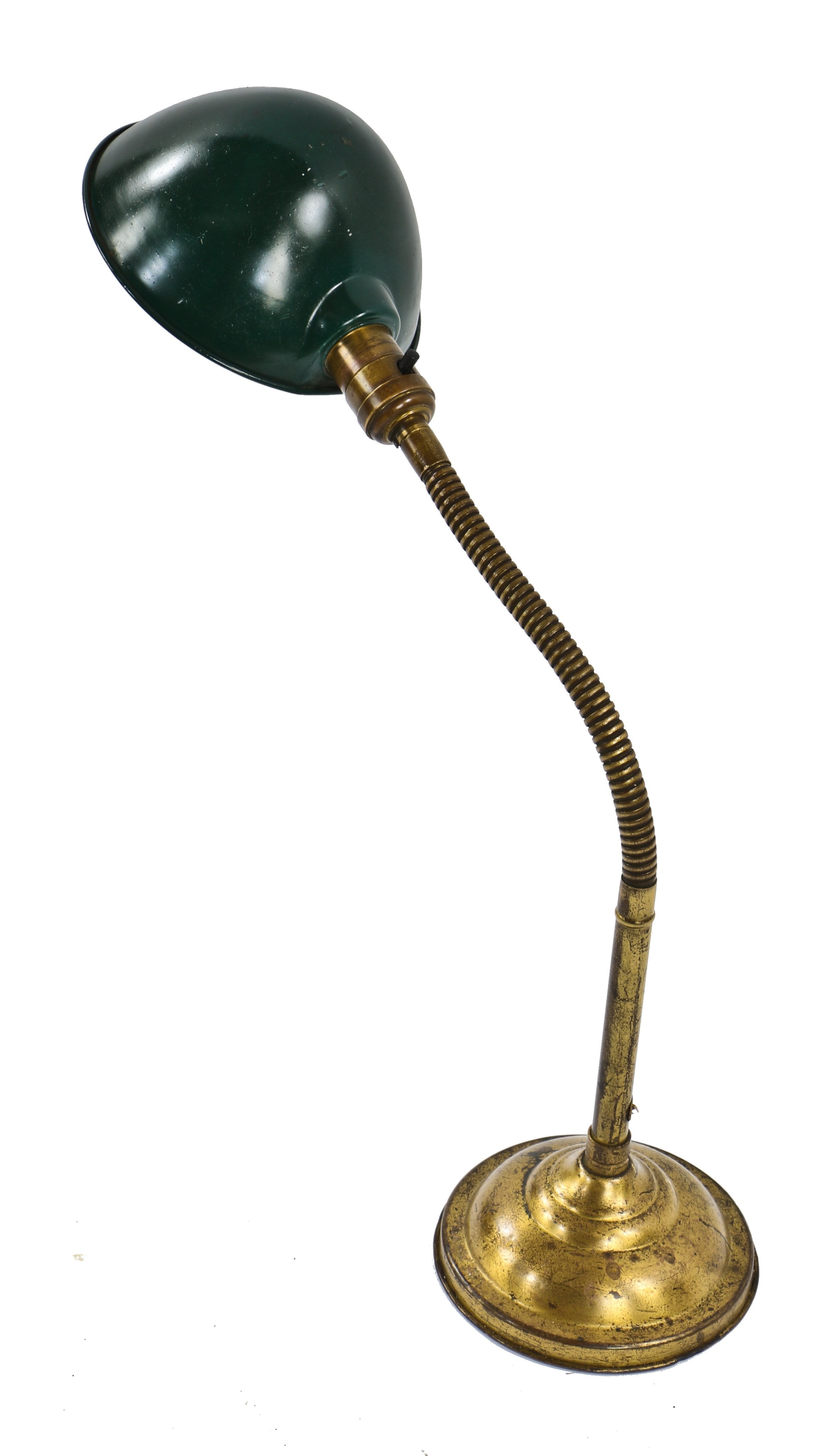 original c. 1920's antique american industrial adjustable polished brass gooseneck coiled arm table lamp with intact green enameled parabolic pressed steel reflector