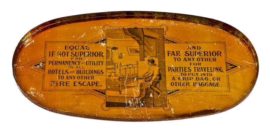 original and remarkably rare late 19th century american industrial "kingsbury" hotel room emergency fire escape portable device with original lithographed tin canister