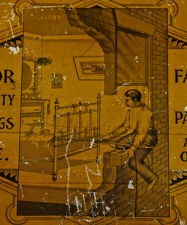 original and remarkably rare late 19th century american industrial "kingsbury" hotel room emergency fire escape portable device with original lithographed tin canister