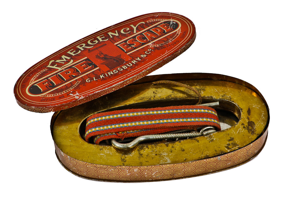original and remarkably rare late 19th century american industrial "kingsbury" hotel room emergency fire escape portable device with original lithographed tin canister