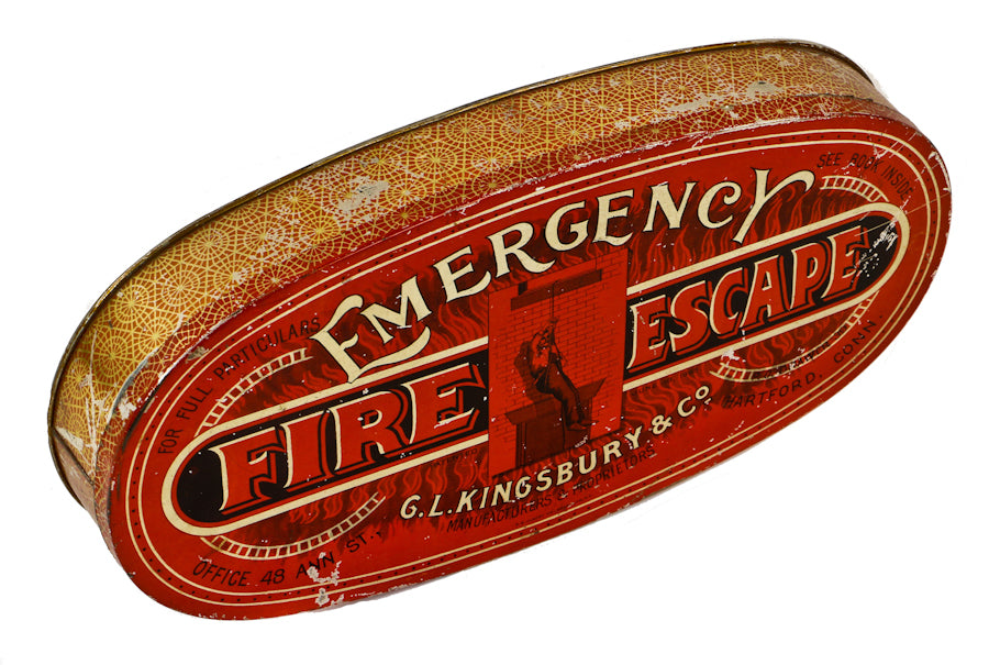 original and remarkably rare late 19th century american industrial "kingsbury" hotel room emergency fire escape portable device with original lithographed tin canister