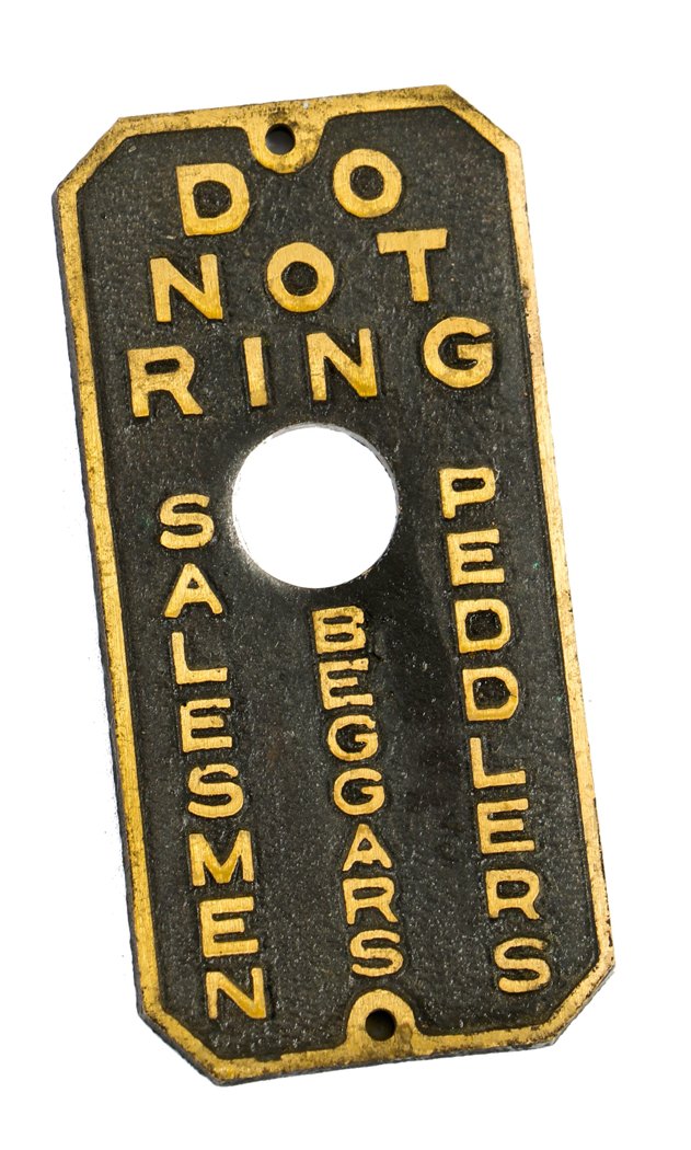 single unique and unusual early 20th antique american cast brass flush mount commercial building push button doorbell plaque with original baked black enameled inlay