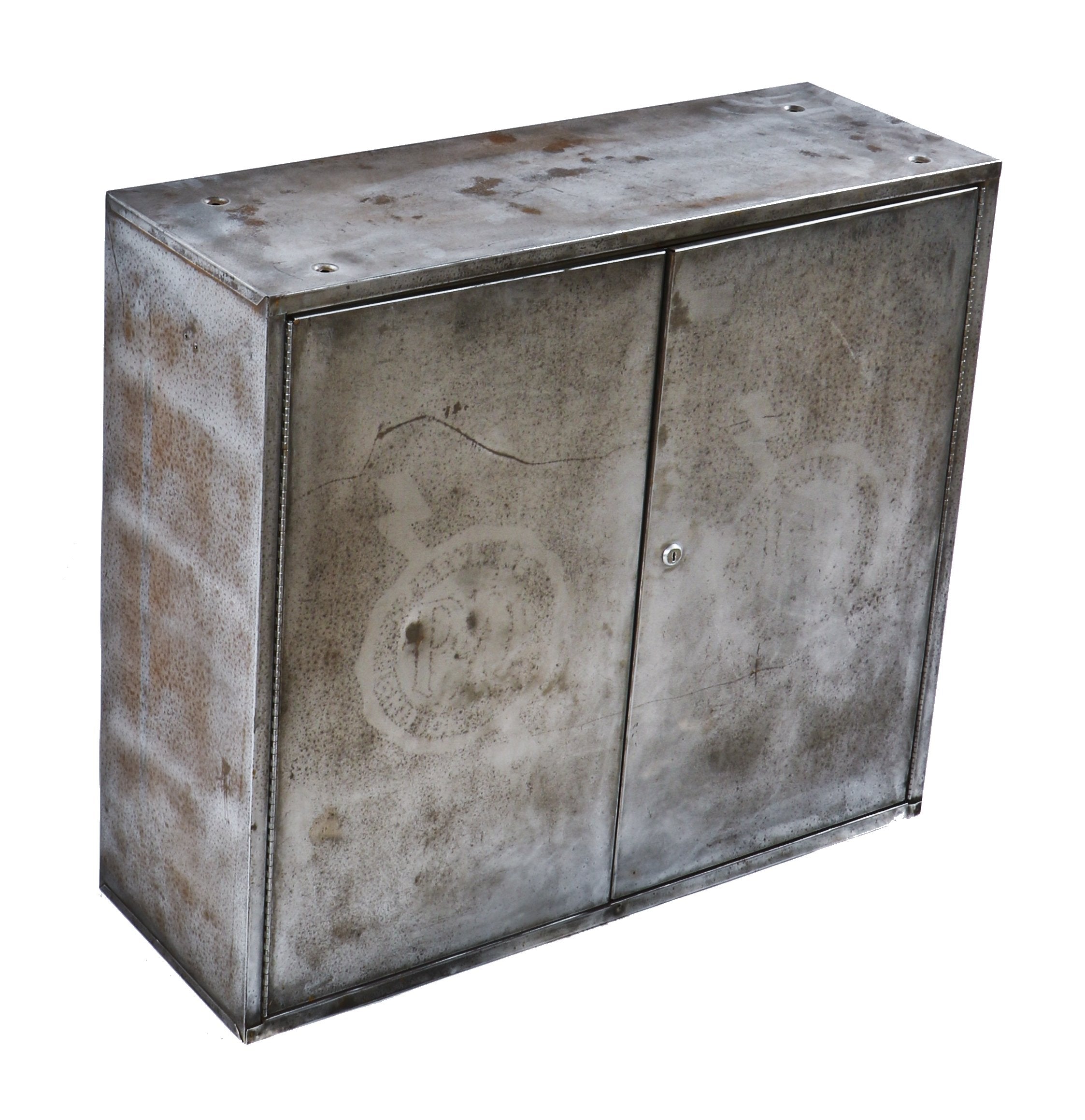 single c. 1950's lightweight durable pressed and folded brushed steel two-door ignition parts product storage cabinet with fully functional piano style hinges