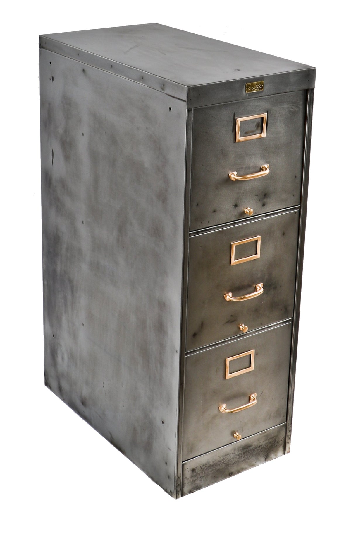 completely refinished clean and compact antique american industrial parisian novelty factory three-drawer office cabinet with brass handles and placards