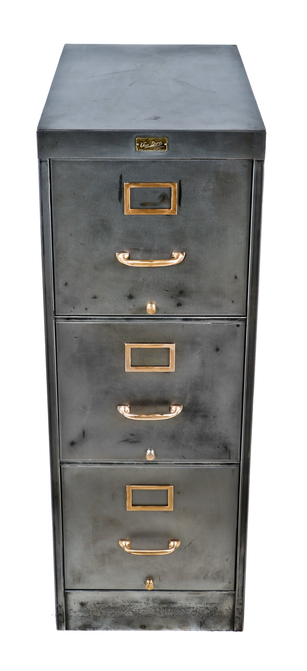 robust early 20th century freestanding compartmentalized parisian novelty celluloid button company factory office filing cabinet with brushed metal finish