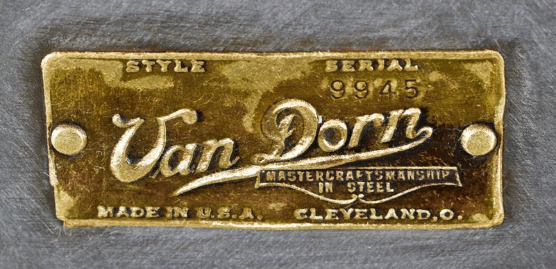 single original and completely refinished antique american industrial c. 1920's chicago factory office three-drawer pressed and folded metal filing cabinet