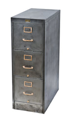 single original and completely refinished antique american industrial c. 1920's chicago factory office three-drawer pressed and folded metal filing cabinet
