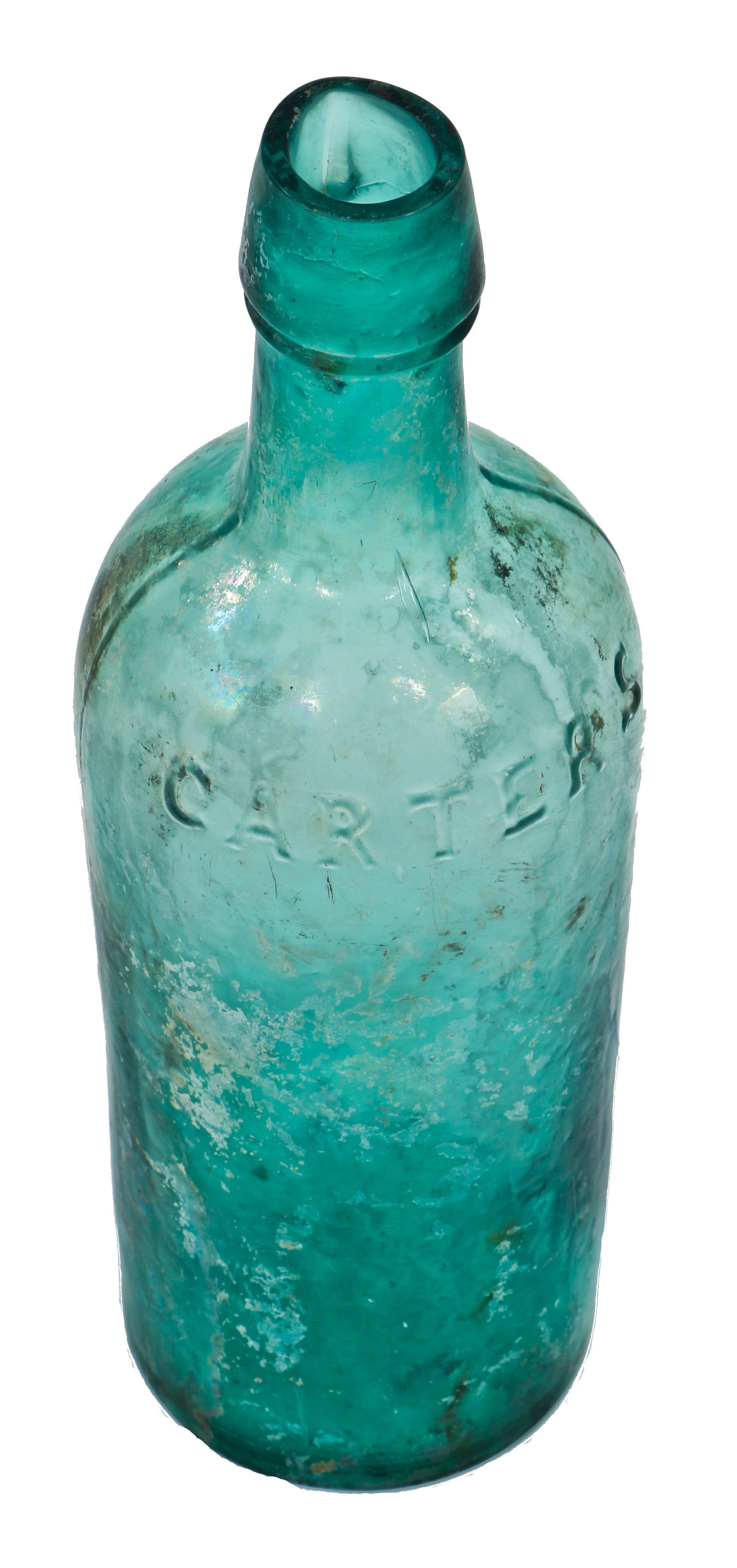 single antique original late nineteenth century vibrantly colored teal "carter's" master ink bottle dug from a chicago area privy.