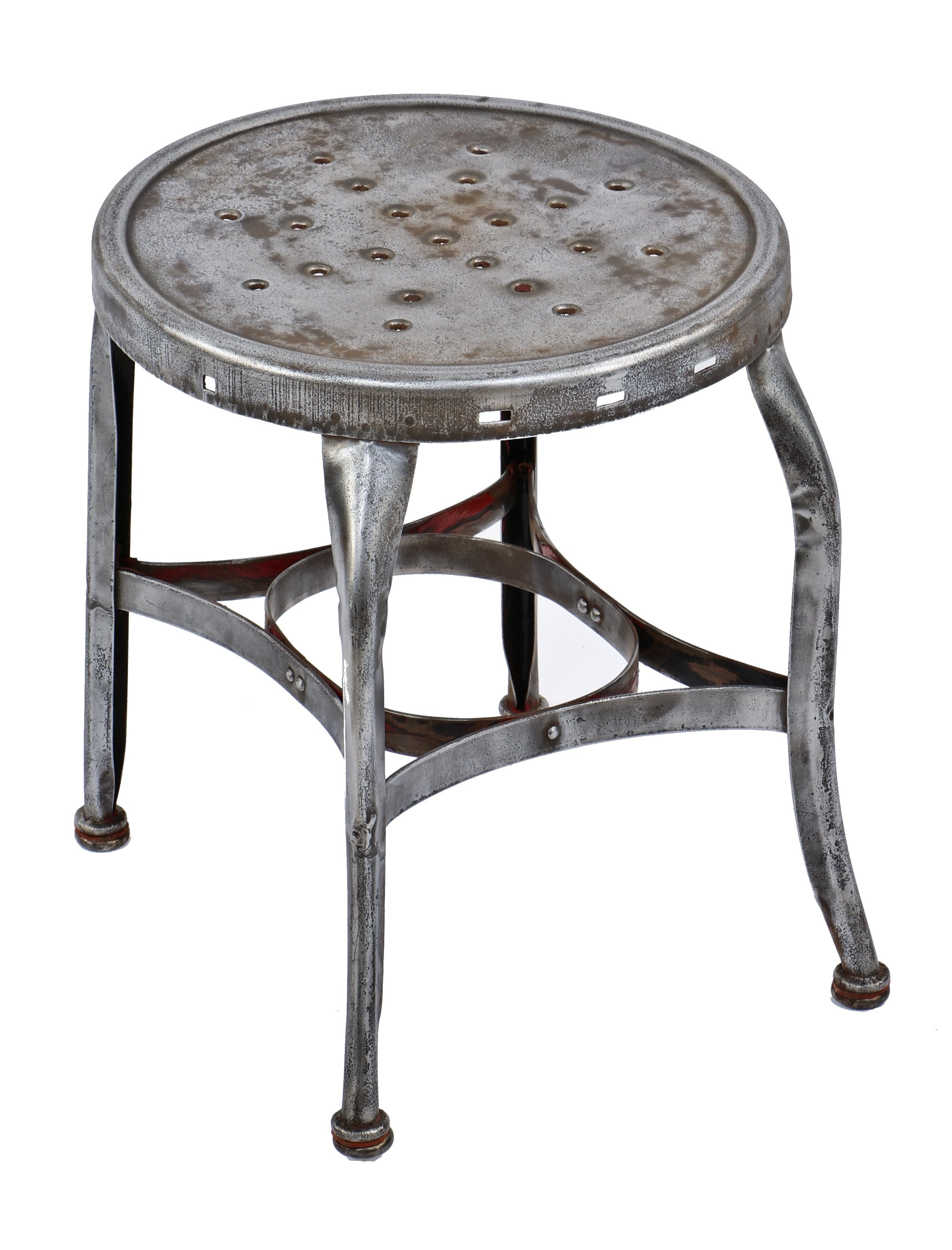 original early 20th century antique american industrial j. uhl-designed pressed and folded backless stationary "perfection" desk chair with brushed metal finish
