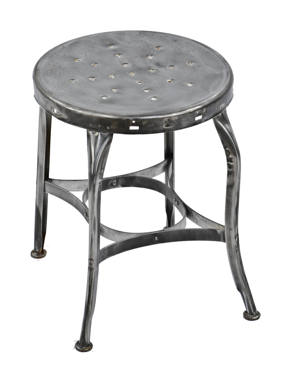 single c. 1910-15 antique american industrial refinished brushed metal pressed and folded steel four-legged stationary stool with a perforated seat