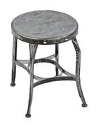 single c. 1910-15 antique american industrial refinished brushed metal pressed and folded steel four-legged stationary stool with a perforated seat