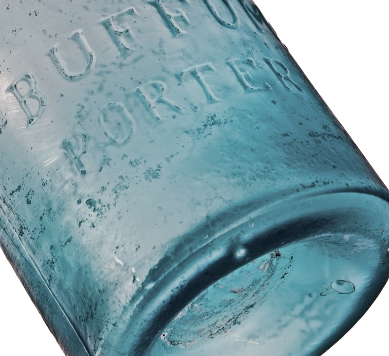 rare and intact late 1840's or early 1850's deep aqua blue porter style bottle with inverted tapered lip manufactured by joseph curtis buffum in pittsburgh, pa.