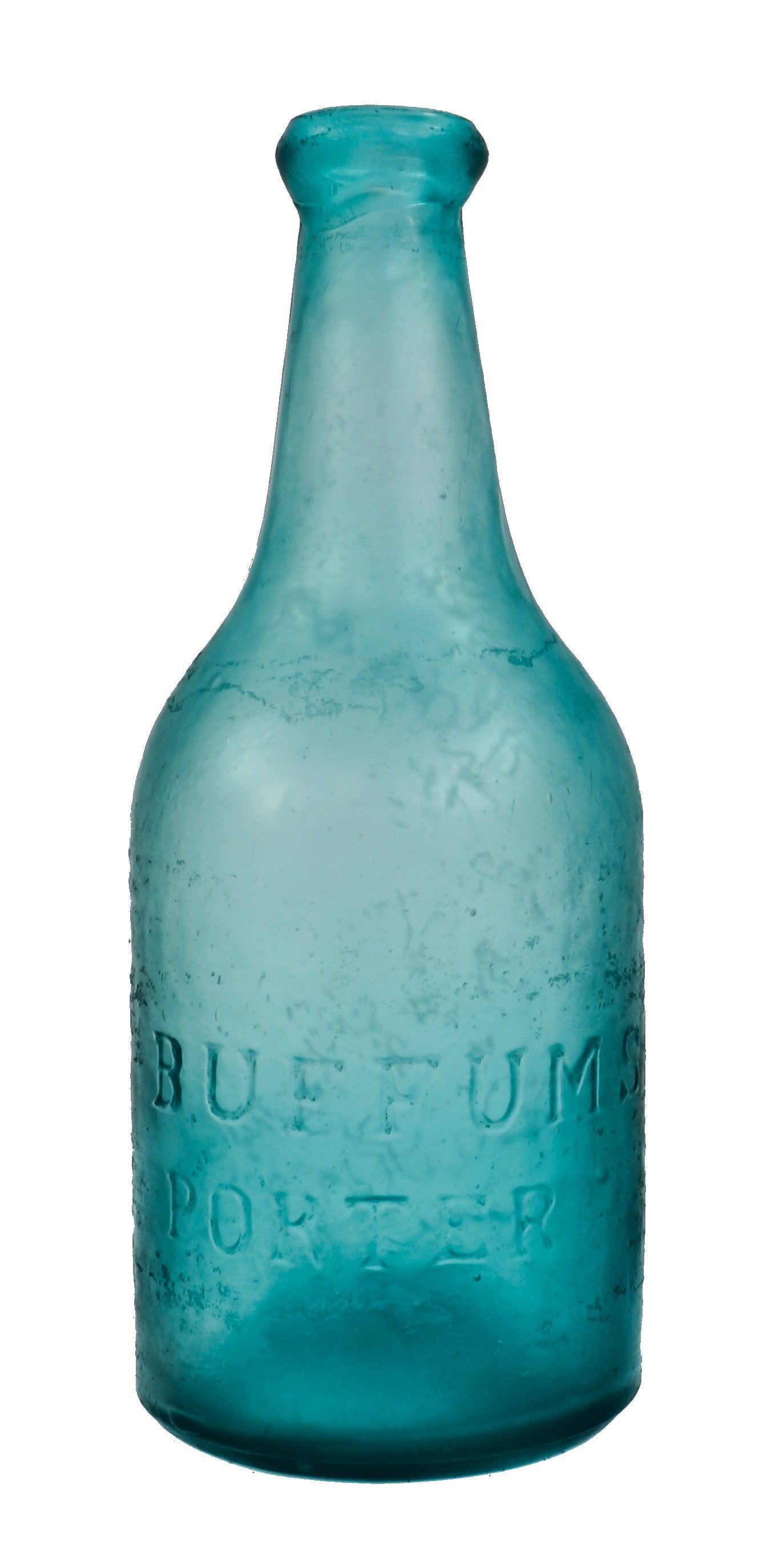 rare and intact late 1840's or early 1850's deep aqua blue porter style bottle with inverted tapered lip manufactured by joseph curtis buffum in pittsburgh, pa.