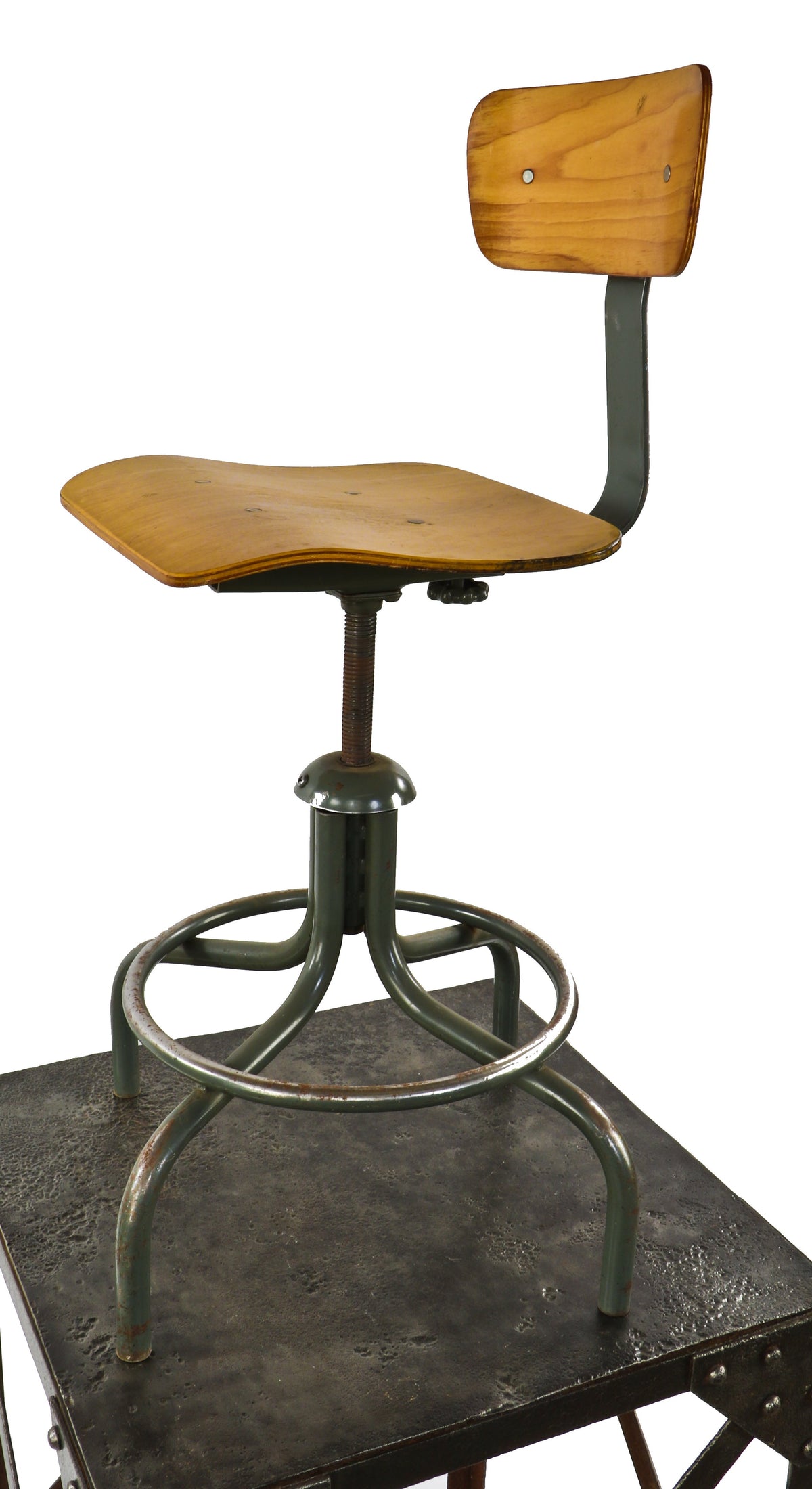 completely intact adjustable height american industrial bent tubular steel stool with original bent maple wood saddle seat and slightly contoured backrest