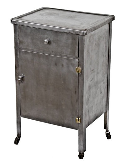 refinished c. 1930's american depression era pressed and folded steel hospital workstation and/or storage cabinet with sliding drawer and hinged cabinet door