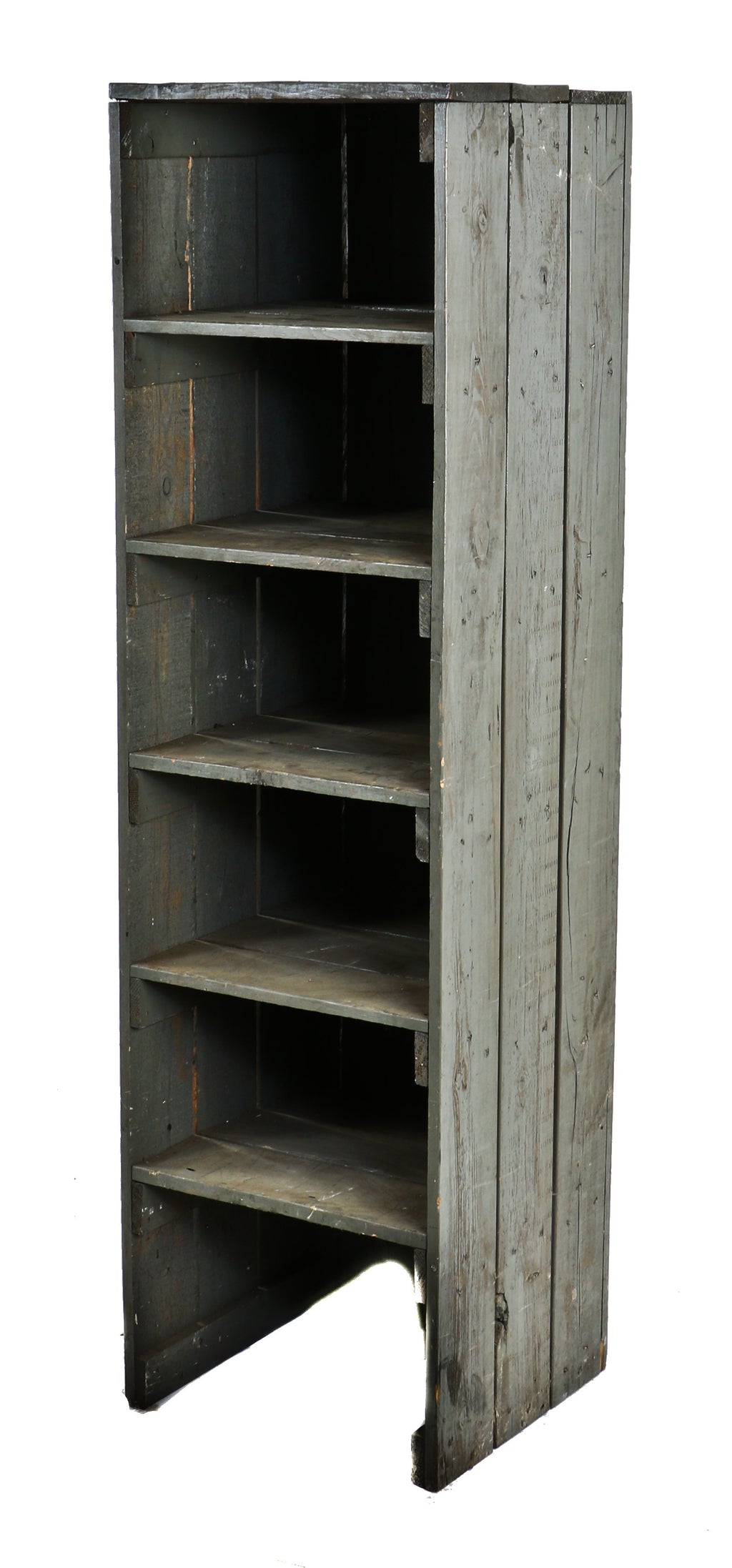 three matching all original and intact antique american industrial depression era painted pine wood factory gear cutter multi-shelf freestanding cabinets