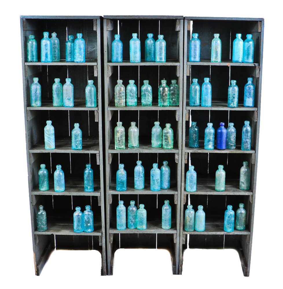 three matching all original and intact antique american industrial depression era painted pine wood factory gear cutter multi-shelf freestanding cabinets