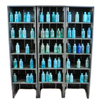 three matching all original and intact antique american industrial depression era painted pine wood factory gear cutter multi-shelf freestanding cabinets