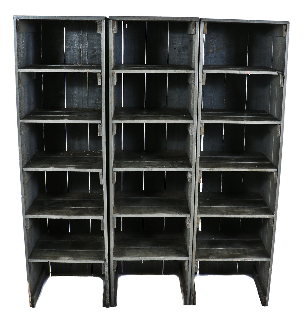 three matching all original and intact antique american industrial depression era painted pine wood factory gear cutter multi-shelf freestanding cabinets