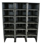 three matching all original and intact antique american industrial depression era painted pine wood factory gear cutter multi-shelf freestanding cabinets