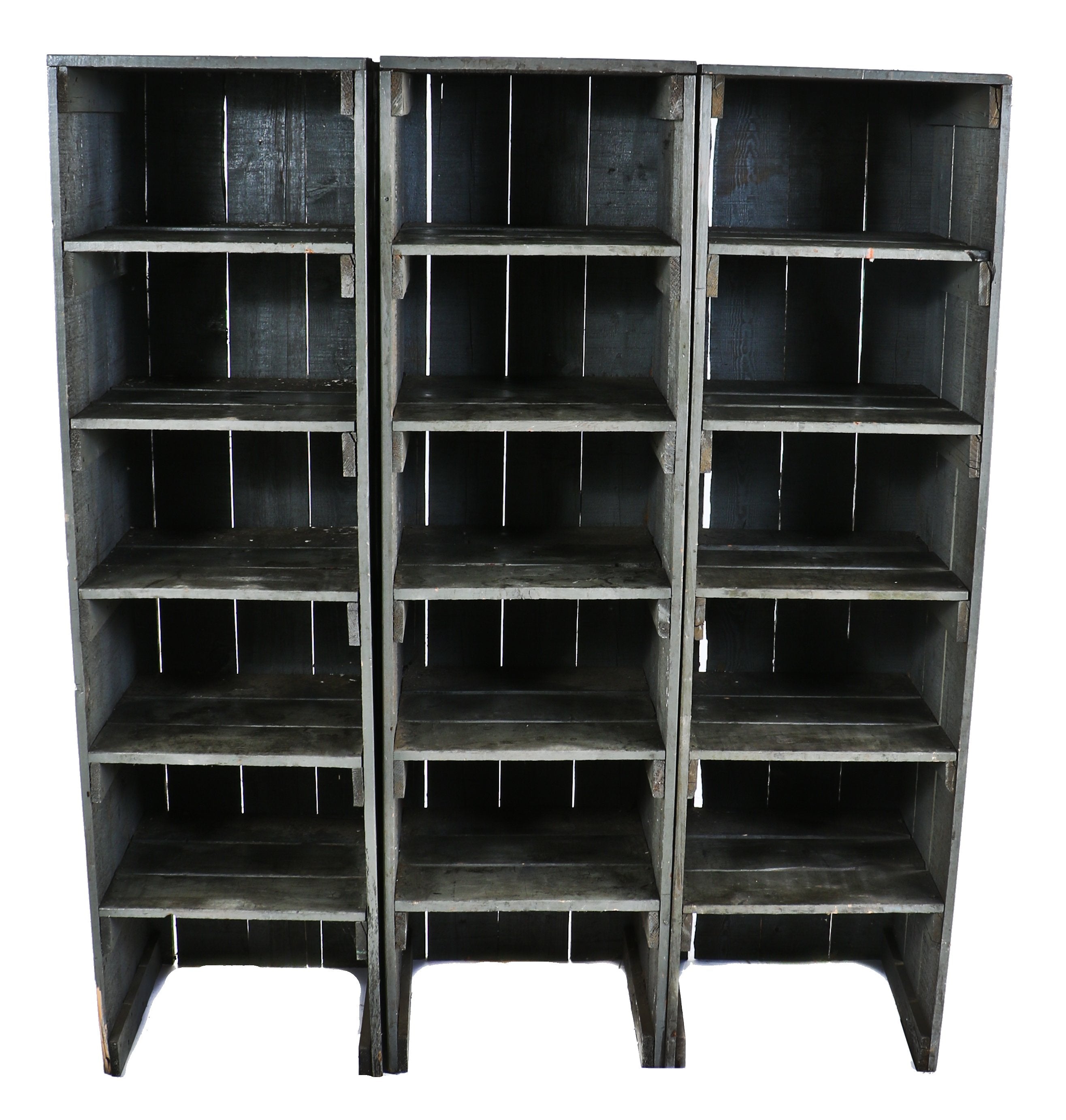 three matching all original and intact antique american industrial depression era painted pine wood factory gear cutter multi-shelf freestanding cabinets