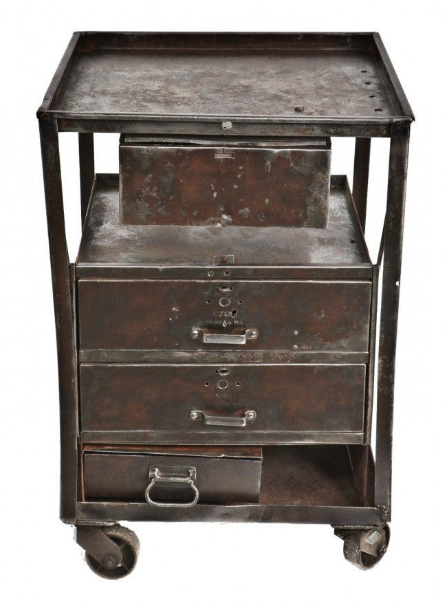 refinished c. 1940's u.s. war department heavy gauge cold-rolled steel mobile munitions factory storage cabinet with multiple compartments