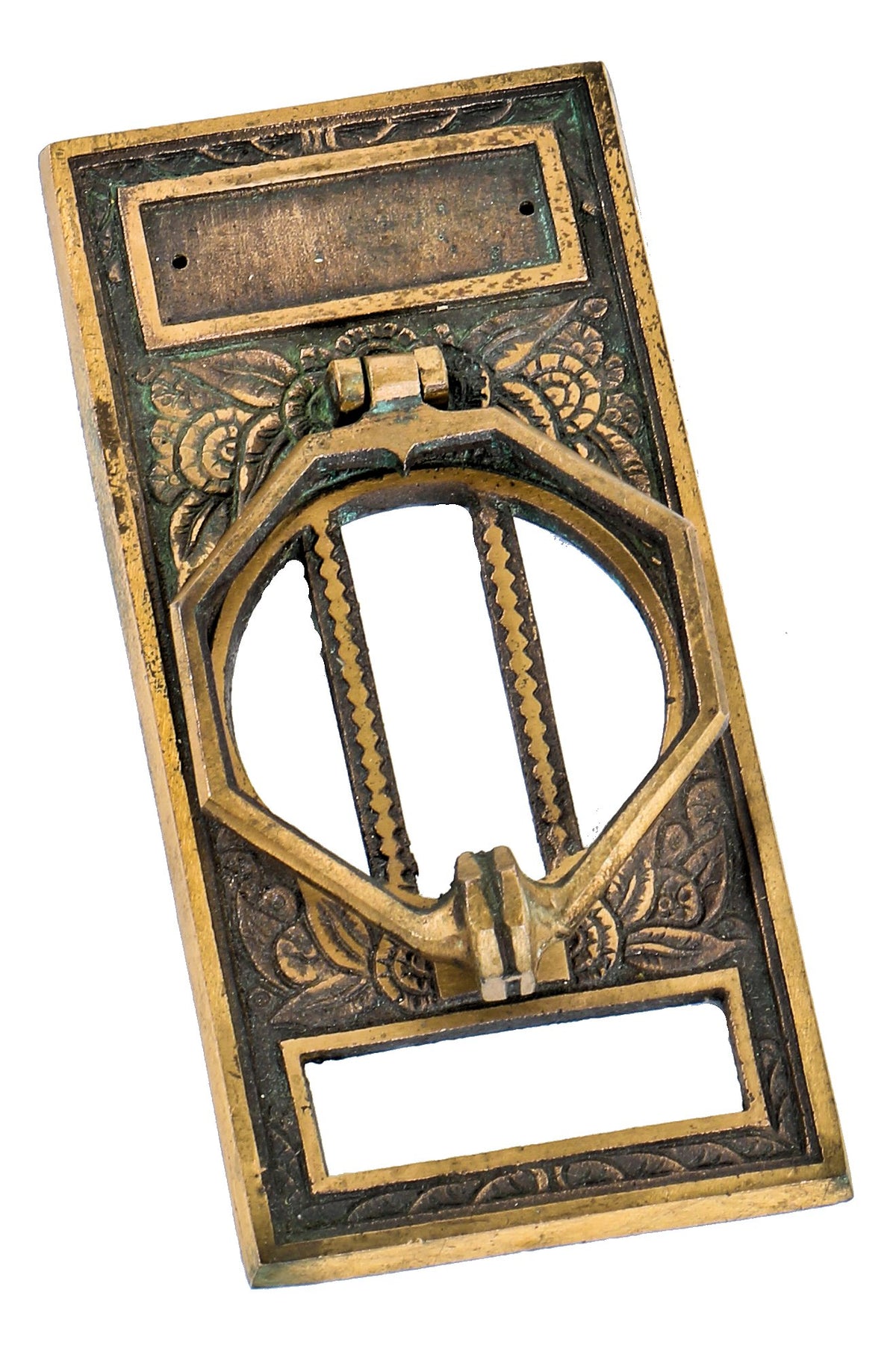 original highly desirable depression era antique american art deco style cast brass chicago apartment building flush mount peep hole plaque with integrated doorknocker