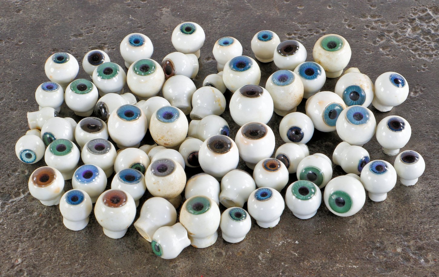 huge assortment of original c. 1940's-1950's american vintage industrial white glazed ceramic doll head eyeballs with multi-colored iris insets