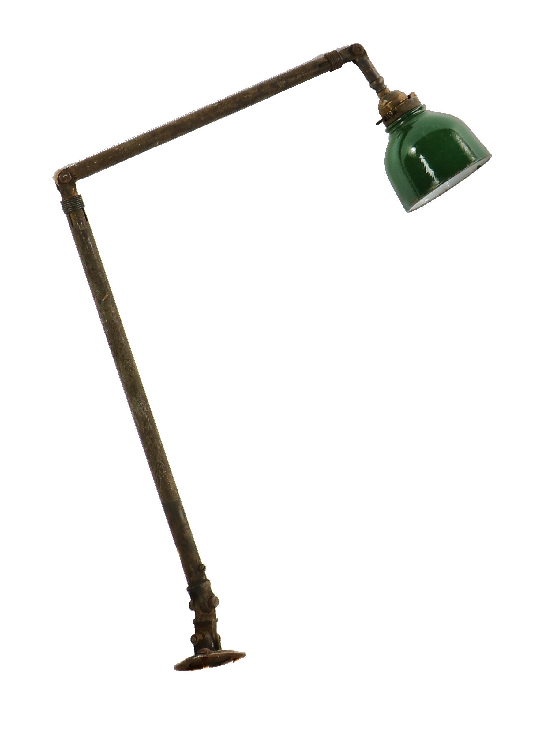 triple-jointed american industrial late 1940's wall or desk mount articulating arm "ajusco" task lamp with socket and diminutive deep bowl pressed steel green porcelain enameled shade