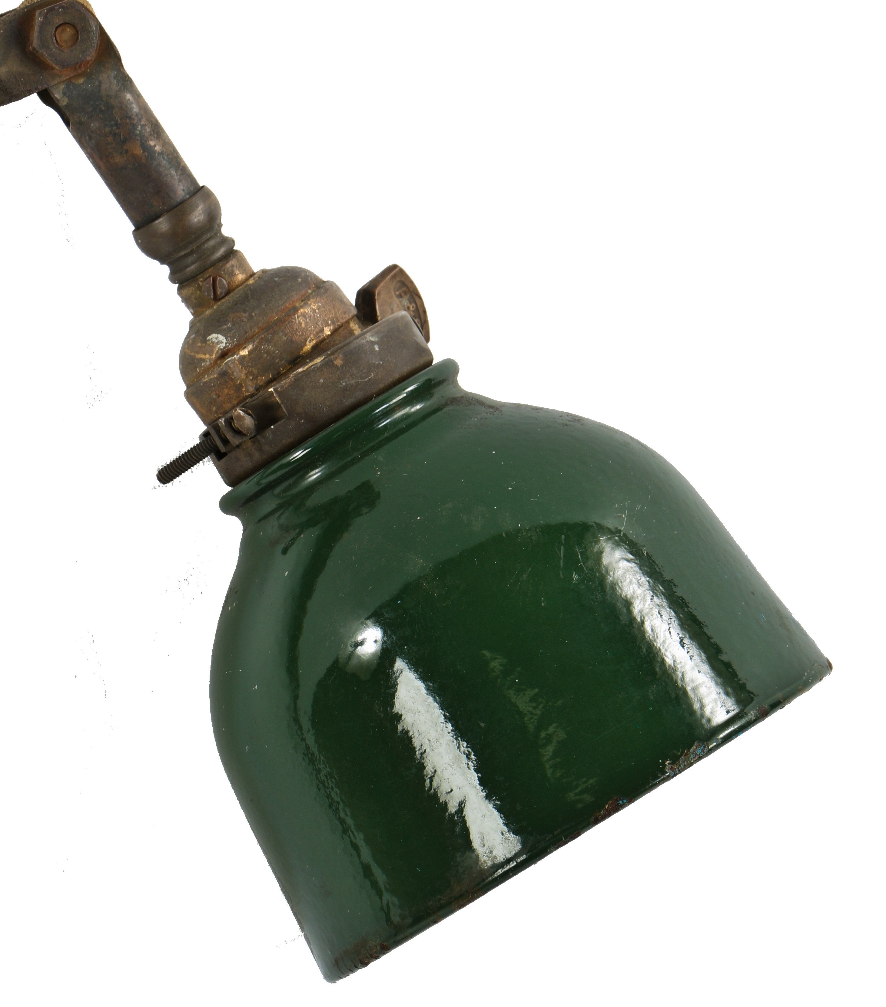 triple-jointed american industrial late 1940's wall or desk mount articulating arm "ajusco" task lamp with socket and diminutive deep bowl pressed steel green porcelain enameled shade
