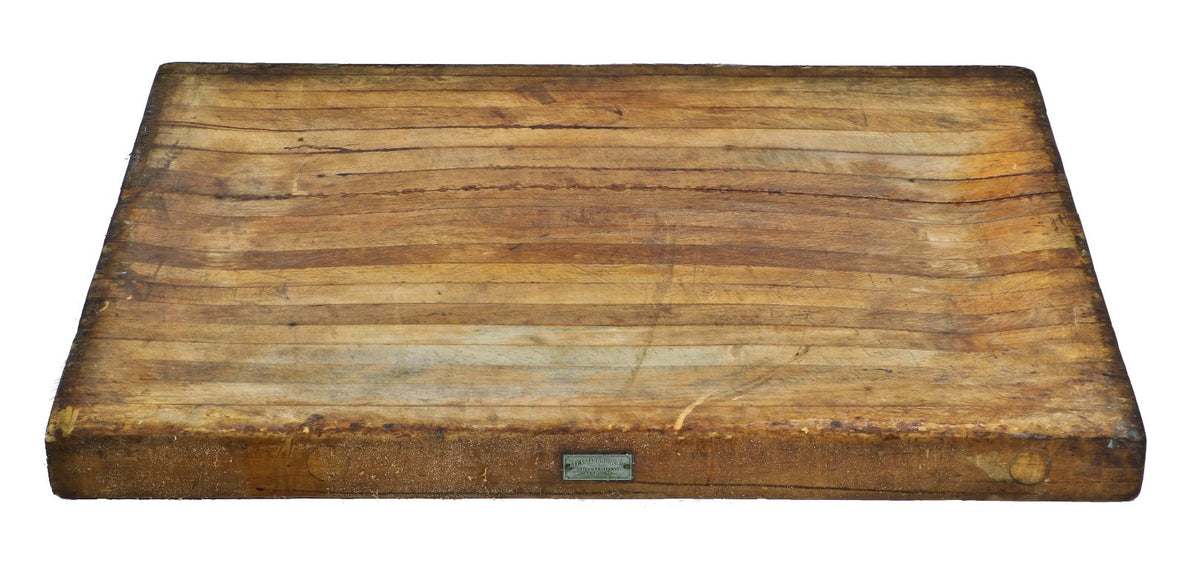 heavily reinforced and nicely worn original chicago blackstone hotel commercial kitchen rock hard maple wood butcher block table top with multiple through bolts