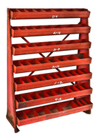 heavily compartmentalized antique american industrial red-painted well built all-metal red painted freestanding hardware store nuts and bolts multi-tiered display rack