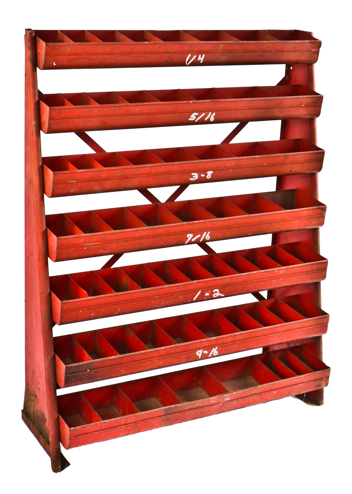 heavily compartmentalized antique american industrial red-painted well built all-metal red painted freestanding hardware store nuts and bolts multi-tiered display rack