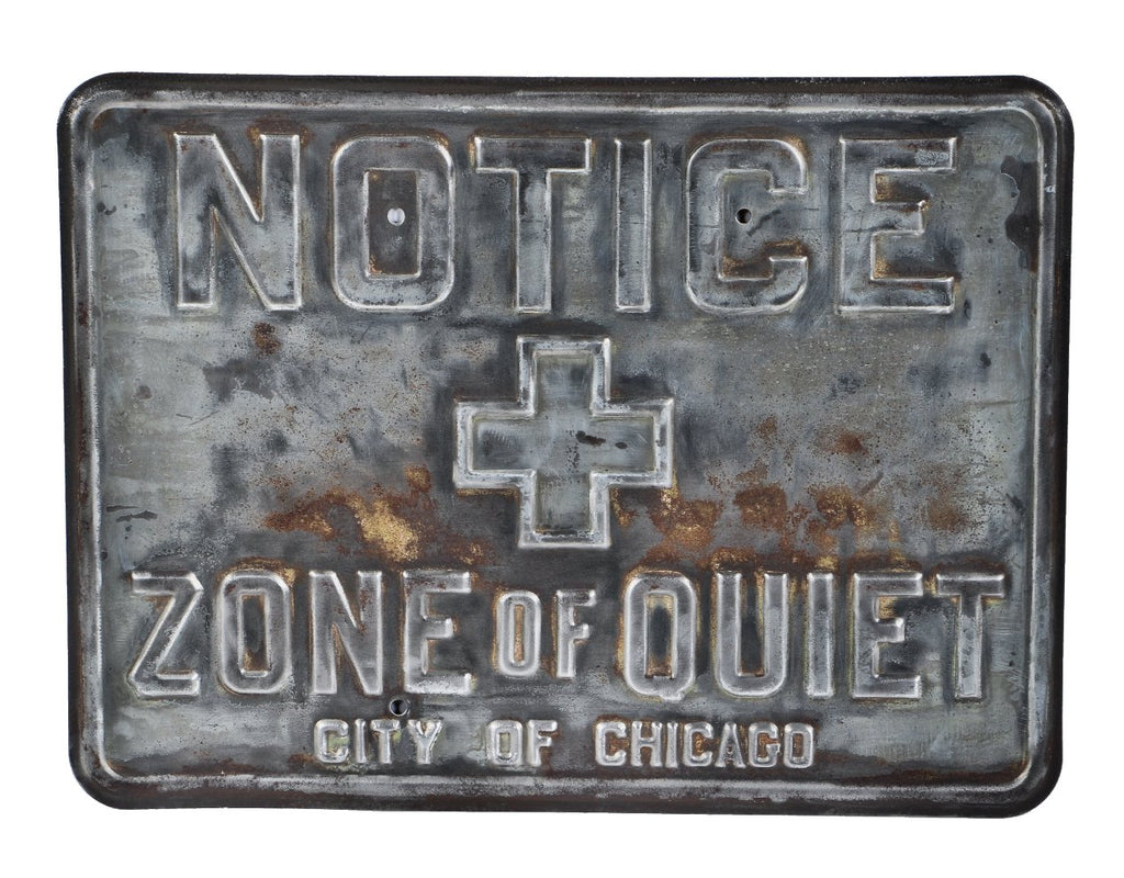 original very hard to find and highly desirable c. 1940's antique american heavy gauge stamped steel city of chicago cook county hospital "zone of quiet" notification sign