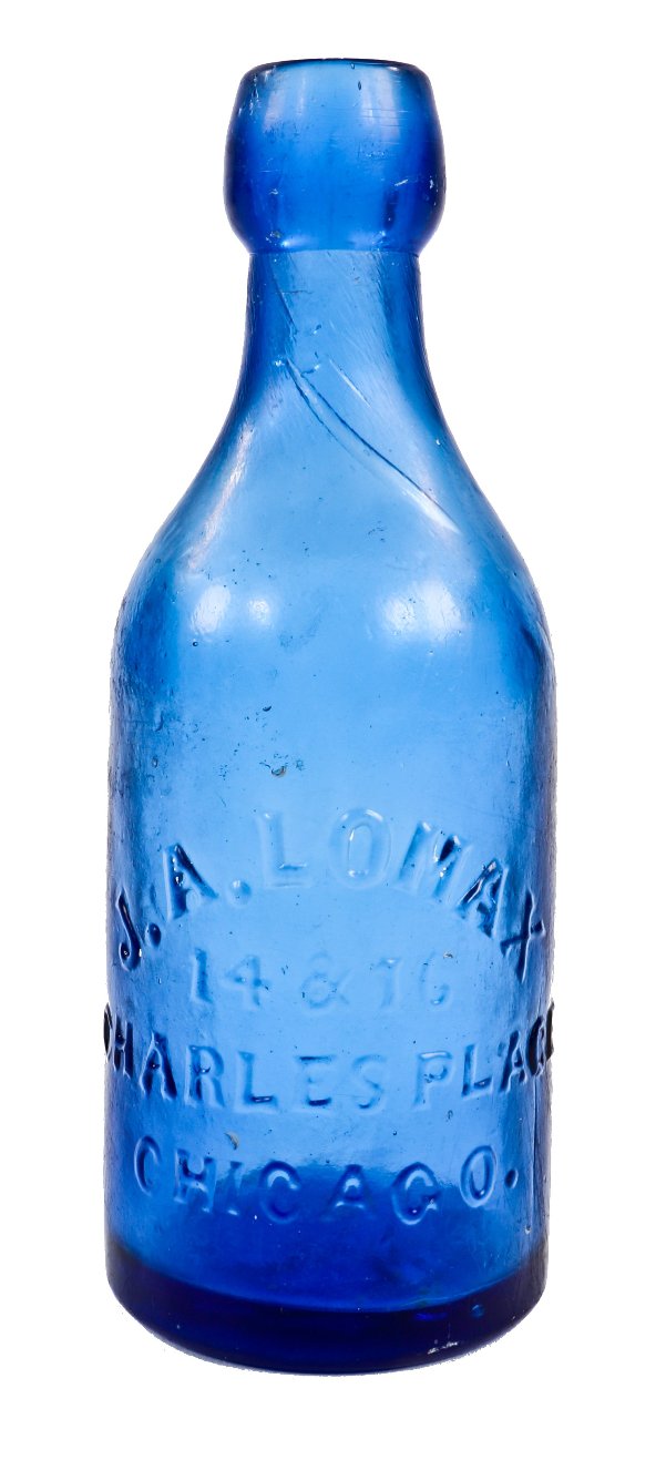 original and intact early 1870's richly colored deep cobalt blue glass john a. lomax blobtop soda or mineral water bottle with rare peen marks from an older slug plate
