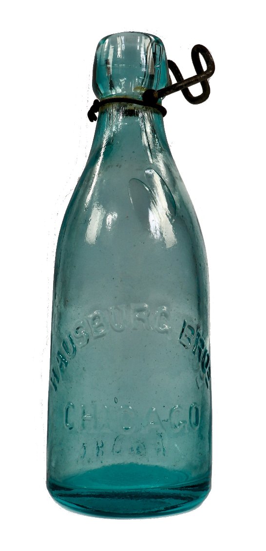 original chicago privy dug mid-1870's blue aqua glass embossed soda bottle with intact wire bail manufactured for chicago bottlers charles and william hausburg.