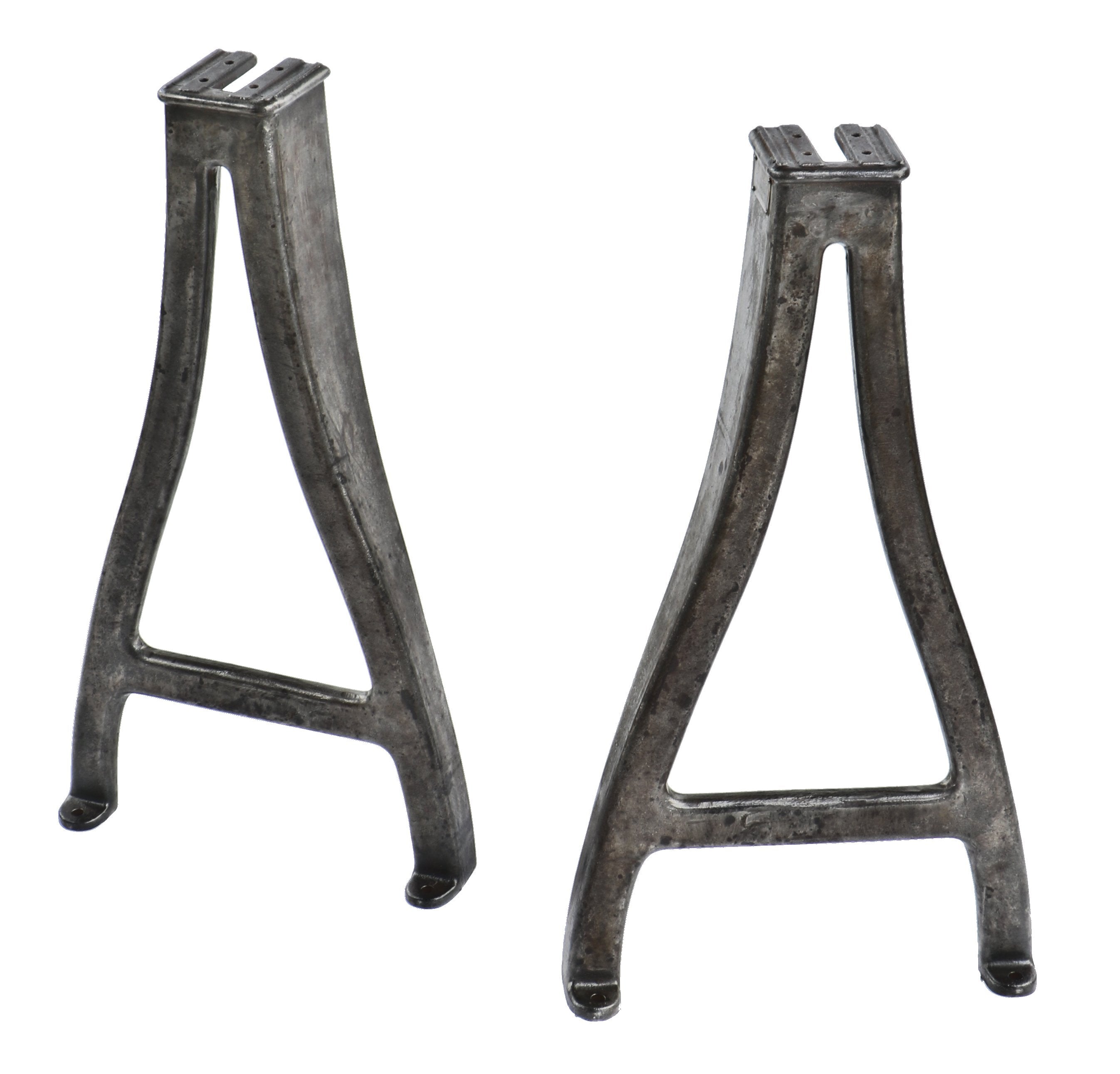 two matching c. 1920's or 1930's american antique robust cast iron stationary junior" lathe machine table legs or bases with a mostly uniform brushed metal finish